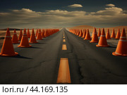 Neon Traffic cone road. Generate Ai. Стоковое AI-изображение, AI-художник Иван Рябоконь / Фотобанк Лори