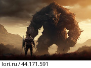 Brave warrior confronting a giant monster at dusk. Стоковое AI-изображение, AI-художник Иван Рябоконь / Фотобанк Лори