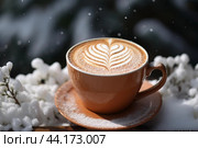Cozy winter latte with artful foam. Стоковое AI-изображение, AI-художник Иван Рябоконь / Фотобанк Лори
