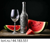 Antique wine bottle, silver wine cup and watermelon. Still life. Стоковое AI-изображение, AI-художник Сергей Елизарьев / Фотобанк Лори