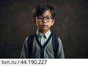 Portrait of a serious Asian kid schoolboy with glasses on a solid gray background. Back to school, correction of pupil kid eyesight. AI generated. Стоковое AI-изображение, AI-художник Ольга Симонова / Фотобанк Лори