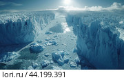 Massive blue ice wall glacier in Antarctica. Aerial close up fly over snow covered large iceberg surface, bright sunlight. Arctic frozen nature mountain beauty. Winter background. Discover South Pole. Стоковое AI-изображение, AI-художник Ирина Михайличенко / Фотобанк Лори