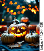Large, grinning Halloween pumpkin glows among smaller pumpkins and autumn leaves, casting warm, inviting light as candlelight flickers softly in background, perfect for festive evening. Generative AI. Стоковое AI-изображение, AI-художник Юлия Петровская / Фотобанк Лори