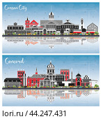 Concord New Hampshire and Carson City Nevada City Skylines Set with Color Buildings, Blue Sky and Reflections. Стоковая иллюстрация, иллюстратор Игорь Сорокин / Фотобанк Лори