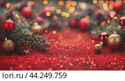 Christmas decoration background with fir branches, balls and golden glitter confetti and sparkles of lights blur bokeh on red background. Bright Christmas and New Year design holiday frame, copy space. Стоковое AI-видео, аниматор Ирина Михайличенко / Фотобанк Лори