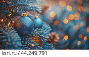 Christmas holiday blue background. Slow motion footage Christmas tree balls hanging At Fir Branch With Defocused Lights In The Night, copy space. congratulation card. Стоковое AI-видео, аниматор Ирина Михайличенко / Фотобанк Лори