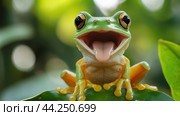 A close up of a frog sitting on top of some leaves, AI. Стоковое AI-изображение, AI-художник Сергей Старуш / Фотобанк Лори