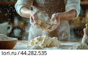Baker sifts flour in a kitchen with fresh eggs on the counter in the morning light. Стоковое AI-изображение, AI-художник Юлия Гапеенко / Фотобанк Лори