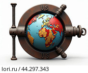 Industrial vice with the inscription US squeezes the globe. Concept of hegemony and domination. Стоковое AI-изображение, AI-художник Евгений Ткачёв / Фотобанк Лори