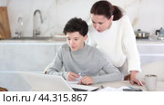 Boy studiyng using laptop, mother helping and explaining. Boy studiyng, mother helping. Стоковое видео, видеограф Яков Филимонов / Фотобанк Лори