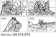 Rhodes, Larissa, Rethymno and Patras Greece City Maps Set in Black and White Color in Retro Style. Стоковая иллюстрация, иллюстратор Игорь Сорокин / Фотобанк Лори