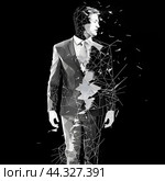 Business career collapse concept. A young man in a suit is breaking into parts isolated on a black background. Low poly wireframe illustration. Work failure. Стоковое AI-изображение, AI-художник Александра Рублева / Фотобанк Лори
