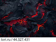 Cooling lava with glowing cracks on a black, rocky surface. Fiery lines running through the dark crust. Concept of volcanic activity and heat. Стоковое AI-изображение, AI-художник Александра Рублева / Фотобанк Лори