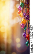 Colorful Mardi Gras beads and bokeh lights festive background. Стоковое AI-изображение, AI-художник Анастасия Золотницкая / Фотобанк Лори