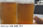 two mugs of beer with croutons. Two glasses of beer on the terrace at the bar. Стоковая анимация, аниматор Скрипачев Антон / Фотобанк Лори