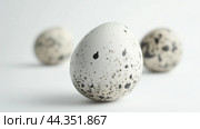 Three speckled eggs arranged artistically on a clean, minimalistic background highlighting their unique textures and natural patterns. Стоковое AI-изображение, AI-художник Сергей Толмачёв / Фотобанк Лори