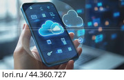 Businesswoman holding smartphone with cloud computing system storage concept. Стоковое AI-видео, аниматор Юрий Поздников / Фотобанк Лори