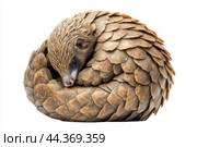 A pangolin curled up in its defensive position, scales tightly packed. Стоковое AI-изображение, AI-художник Veniamin Kraskov / Фотобанк Лори