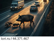 Family of wild boars across road right in front of car during a rainy night, drivers are wary about risk of hitting boars. Стоковое AI-изображение, AI-художник Владимир Григорьев / Фотобанк Лори