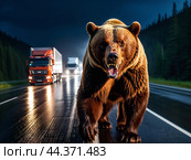 Wild animal on road, brown bear on roadway of highway. Стоковое AI-изображение, AI-художник Владимир Григорьев / Фотобанк Лори