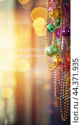 Colorful Mardi Gras beads and bokeh lights festive background. Стоковое AI-изображение, AI-художник Анастасия Золотницкая / Фотобанк Лори