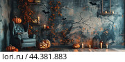 Cozy Halloween Living Room Decor With Jack OLanterns, Bats, and Candles. Стоковое AI-изображение, AI-художник Юлия Гапеенко / Фотобанк Лори