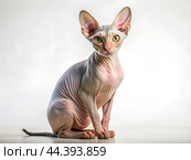A young Canadian sphinx cat with light green eyes, isolated on a white background. Стоковое AI-изображение, AI-художник Ольга Игнашина / Фотобанк Лори