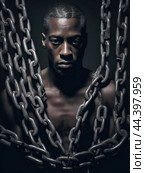 Juneteenth, a day for freedom - African man prisoner in chain slavery concept. Стоковое AI-изображение, AI-художник Veniamin Kraskov / Фотобанк Лори