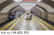 The metro train arrives at the Rayymbek Batyr station of the Alma-Ata metro. Kazakhstan. Alma-Ata. 24.08.2024. Редакционное видео, видеограф Ярославский Максим / Фотобанк Лори