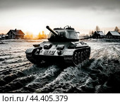 The Soviet T-34 tank is one of the best tanks of the Second World War on the battlefield. Retro. Стоковое AI-изображение, AI-художник Сергей Елизарьев / Фотобанк Лори