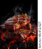 Grilled beef steaks with chilli and salt. Стоковое AI-изображение, AI-художник Veniamin Kraskov / Фотобанк Лори