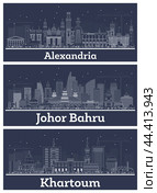 Outline Khartoum Sudan, Johor Bahru Malaysia and Alexandria Egypt. Стоковая иллюстрация, иллюстратор Игорь Сорокин / Фотобанк Лори