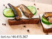 Sandwich black bread with sprats, cheese, cucumber and herbs. Snack for vodka. Стоковое фото, фотограф Евгений Ткачёв / Фотобанк Лори
