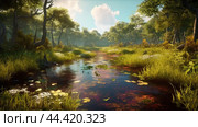 Epic view of swampy jungle with warm water in summer. Стоковое AI-изображение, AI-художник Veniamin Kraskov / Фотобанк Лори