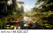 Epic view of swampy jungle with warm water in summer. Стоковое AI-изображение, AI-художник Veniamin Kraskov / Фотобанк Лори