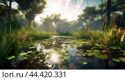 Epic view of swampy jungle with warm water in summer. Стоковое AI-изображение, AI-художник Veniamin Kraskov / Фотобанк Лори