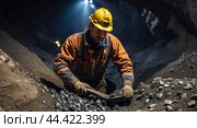 Underground worker shoveling minerals in a mine, surrounded by rocks and dust in a dim tunnel. Стоковое AI-изображение, AI-художник Tatiana Syrtseva / Фотобанк Лори