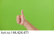 Like Gesture Hand Sign Emoji. Male Hand Showing Thumb Up Isolated Chroma Key Green Screen Background. Body Language. Close Up. Concept of Victory and Award. Support, Success, Vote Yes, Winning Goal. Стоковое видео, видеограф Марина Демидюк / Фотобанк Лори
