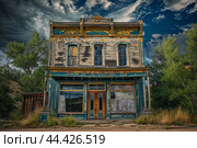 Decrepit vintage storefront under moody skies. Стоковое AI-изображение, AI-художник Иван Рябоконь / Фотобанк Лори