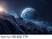 Catastrophic Asteroid earth collision. Generate Ai. Стоковое AI-изображение, AI-художник Иван Рябоконь / Фотобанк Лори