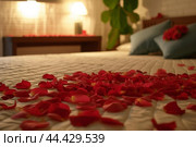 Romantic Bed covered with rose petals. Generate ai. Стоковое AI-изображение, AI-художник Иван Рябоконь / Фотобанк Лори