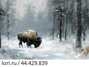 Majestic Bison animal snow forest. Generate Ai. Стоковое AI-изображение, AI-художник Иван Рябоконь / Фотобанк Лори
