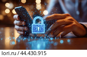 Businessman using smartphone with digital padlock hologram for cybersecurity. Стоковое AI-изображение, AI-художник Юрий Поздников / Фотобанк Лори