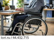 Business professional in wheelchair at workstation. Стоковое AI-изображение, AI-художник Иван Рябоконь / Фотобанк Лори