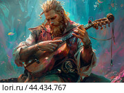 Mystical bard playing lute in enchanted forest. Стоковое AI-изображение, AI-художник Иван Рябоконь / Фотобанк Лори