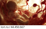 An unborn baby peacefully resting in the womb surrounded by amniotic fluid and umbilical structures during the early stages of pregnancy. Стоковое AI-изображение, AI-художник Сергей Толмачёв / Фотобанк Лори