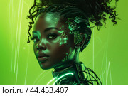 Striking portrait of a woman with cybernetic enhancements against a vibrant green backdrop. Стоковое AI-изображение, AI-художник Иван Рябоконь / Фотобанк Лори