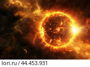 Bright sun against dark starry sky in Solar System. Sun in Space. Solar Surface Activity, Corona. Heatwave hot sun. Climate Change. Global Warming. Temperature of Summer season. Geomagnetic storm. Стоковое AI-изображение, AI-художник Марина Демидюк / Фотобанк Лори