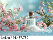 Serene floral essence and bath salts display. Стоковое AI-изображение, AI-художник Иван Рябоконь / Фотобанк Лори