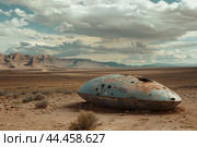 Abandoned ufo in desert landscape. Стоковое AI-изображение, AI-художник Иван Рябоконь / Фотобанк Лори